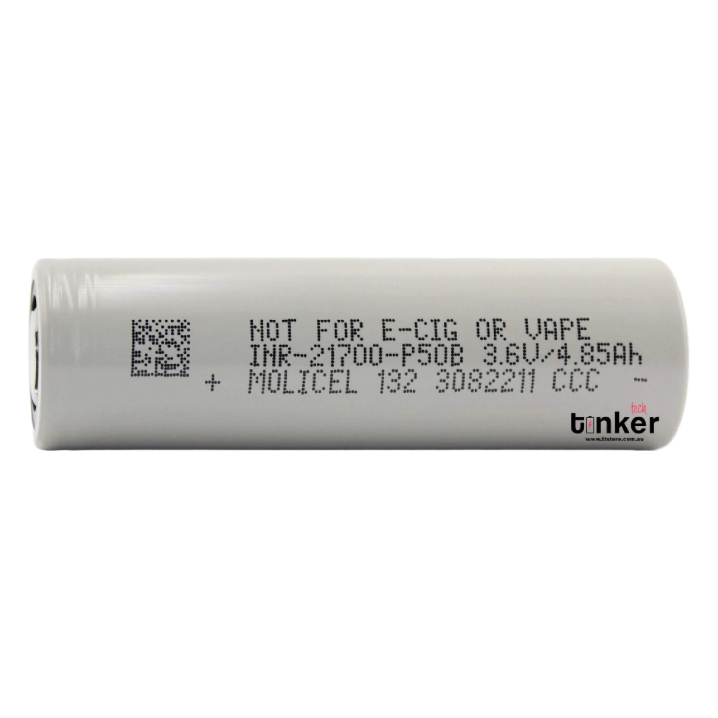 Molicel P50B 21700 battery with label indicating capacity, voltage, and discharge rate.
