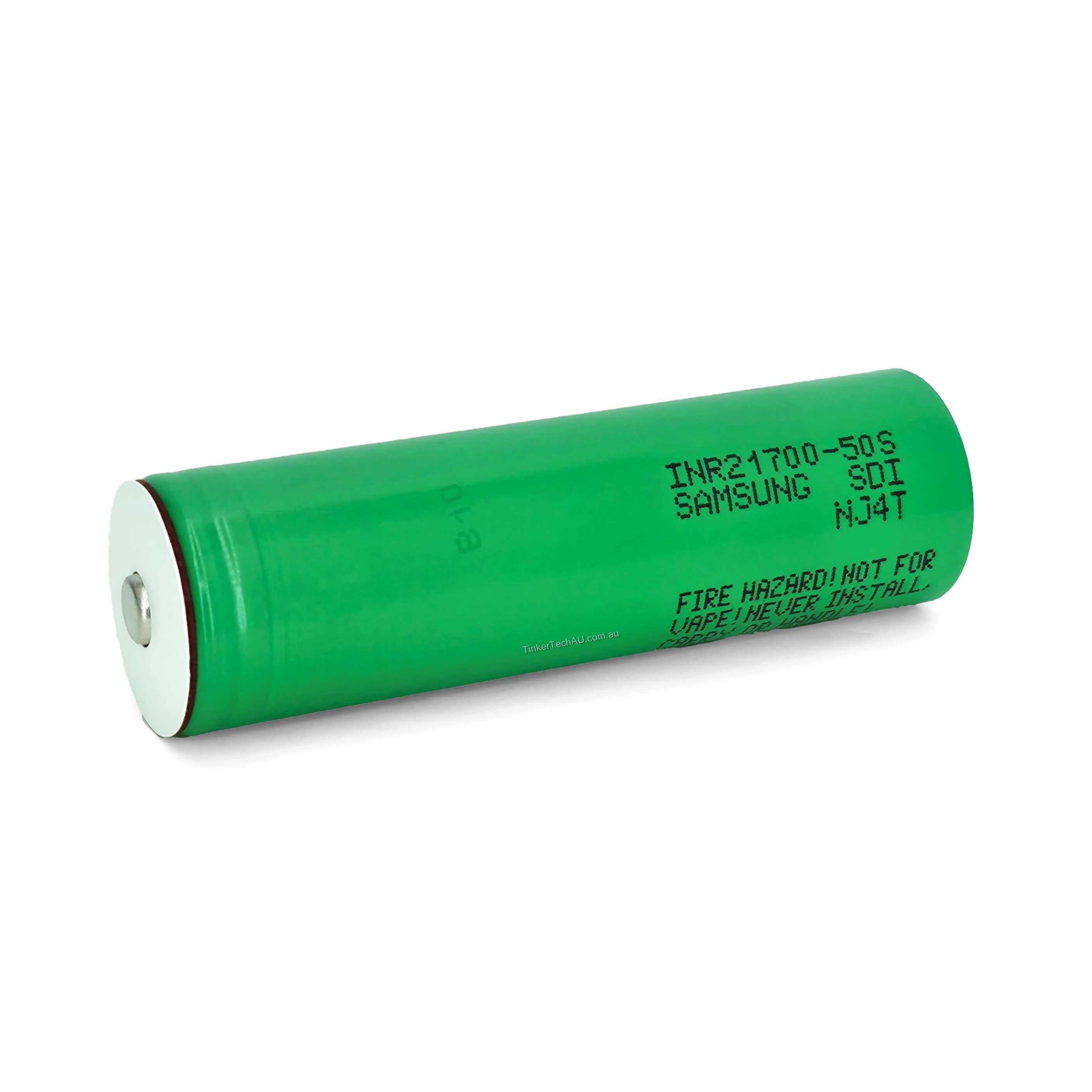Samsung INR 21700 50S 5000mAh 25A lithium-ion battery with button nipple top terminal laydown view