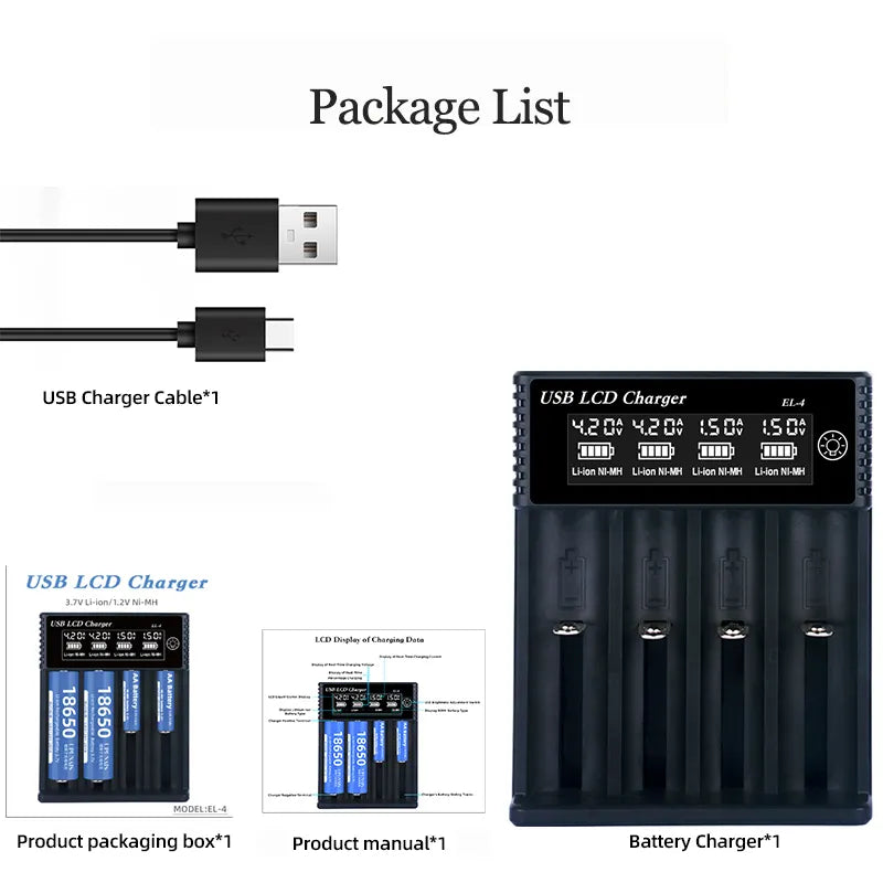 Smart Universal Li-ion USB Type-C 4 Slots Battery Charger