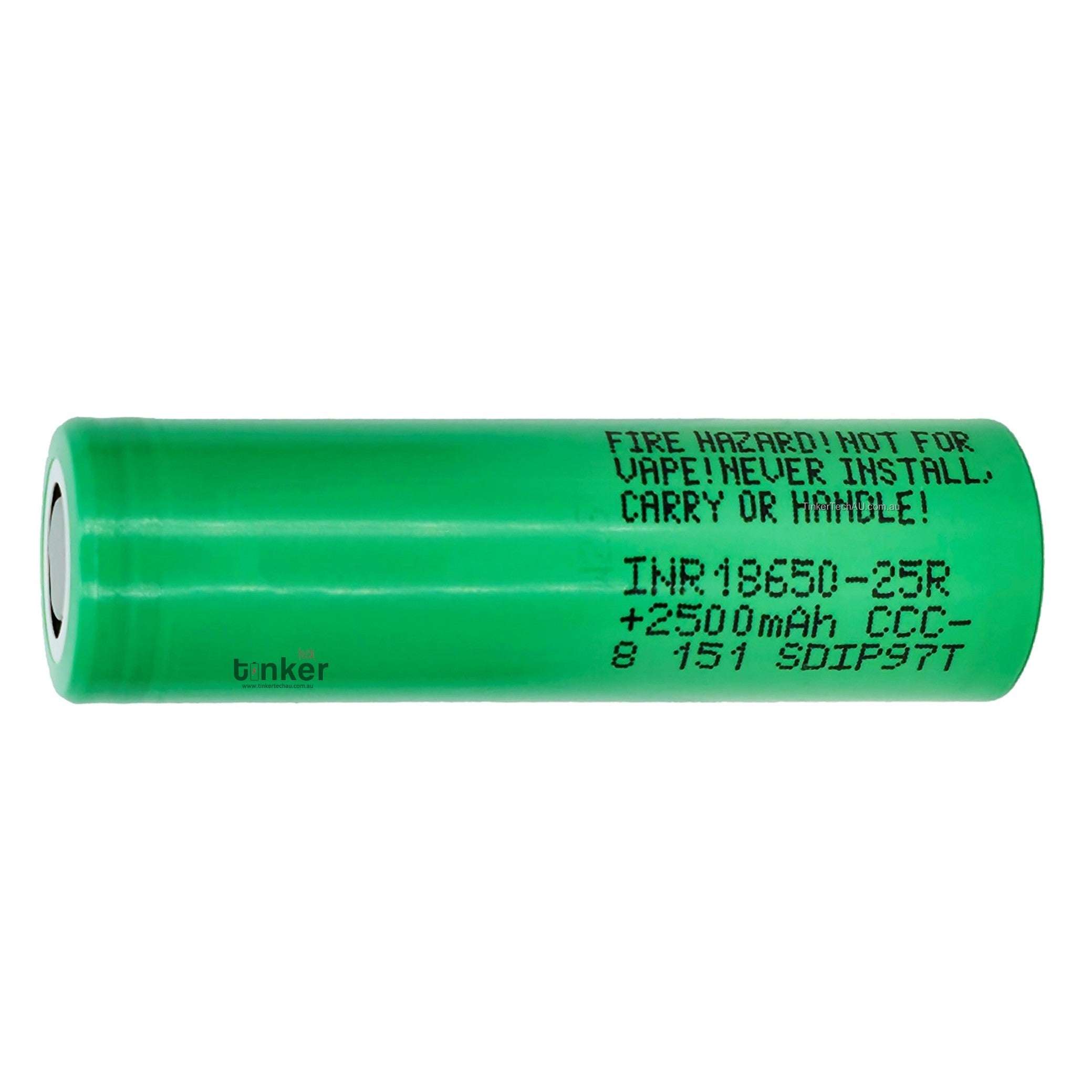 Front view of genuine Samsung 25R 18650 2500mAh 20A flat top unprotected  lithium-ion battery, 2025 production.