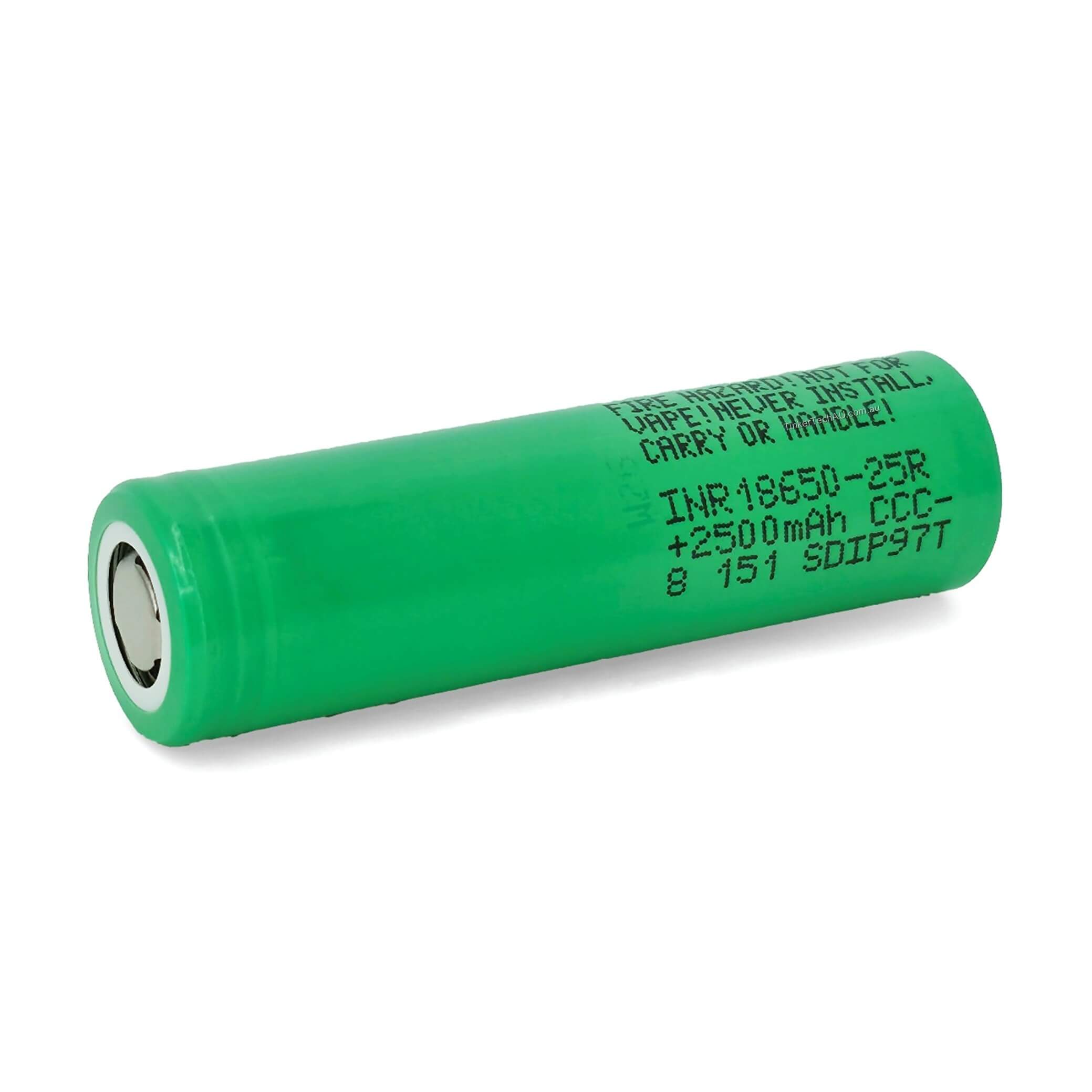 Top view of genuine Samsung 25R 18650 2500mAh 20A flat top unprotected  lithium-ion battery, 2025 production.