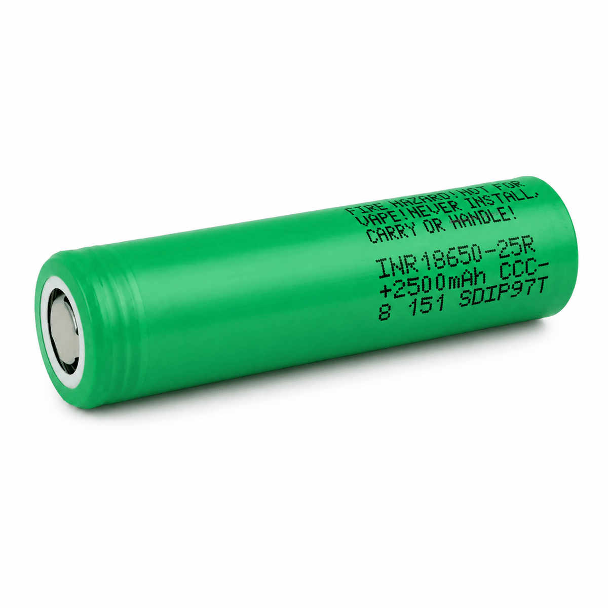 Top view of genuine Samsung 25R 18650 2500mAh 20A flat top unprotected  lithium-ion battery, 2025 production.