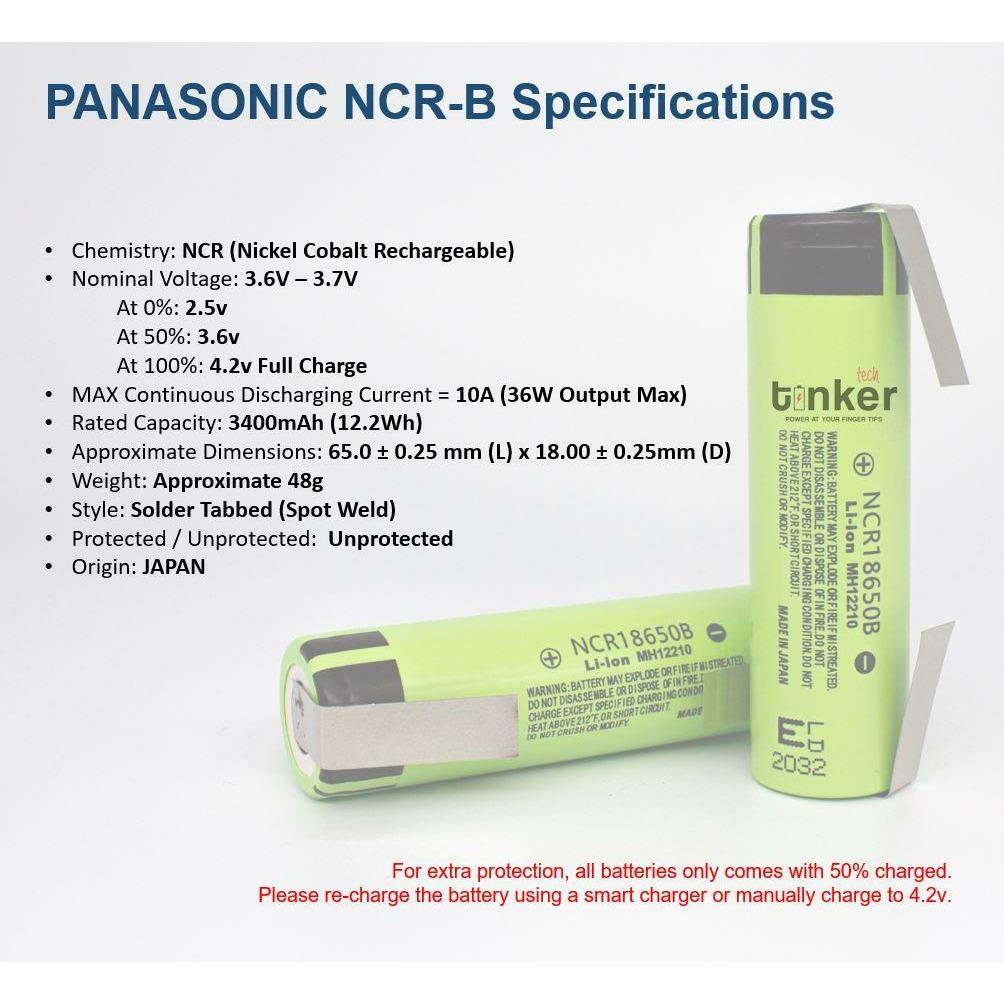 Panasonic NCR18650-B 3400mAh 10A Battery - Solder Tabbed - TinkerTech AU Panasonic 18650 Tabs