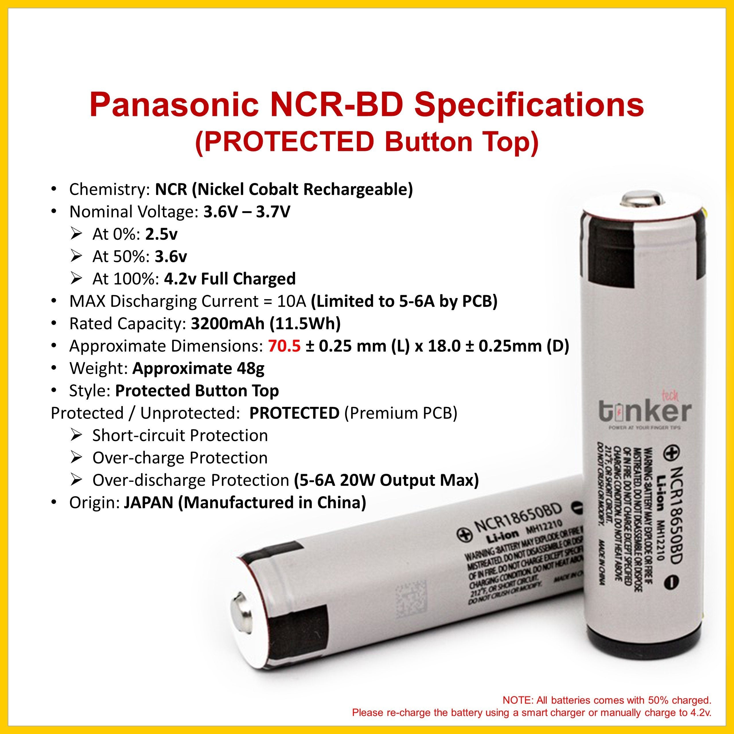 Panasonic NCR18650-BD 3200mAh 10A Battery - Protected Button Top - TinkerTech AU Panasonic 18650 Protected