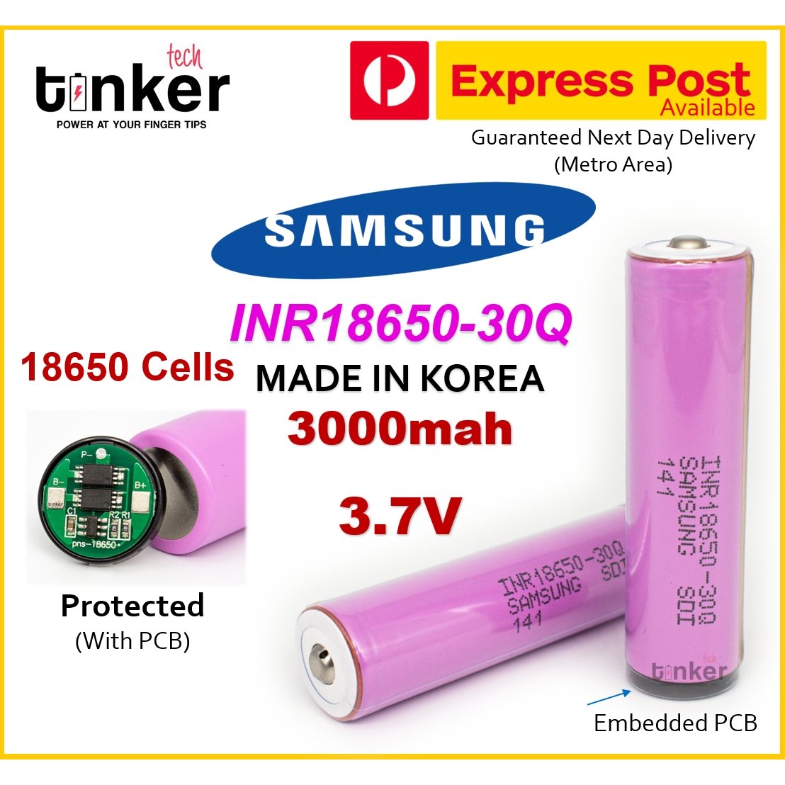 Samsung 30Q 18650 3000mAh 15A - Protected Button Top - TinkerTech AU Samsung 18650 Protected